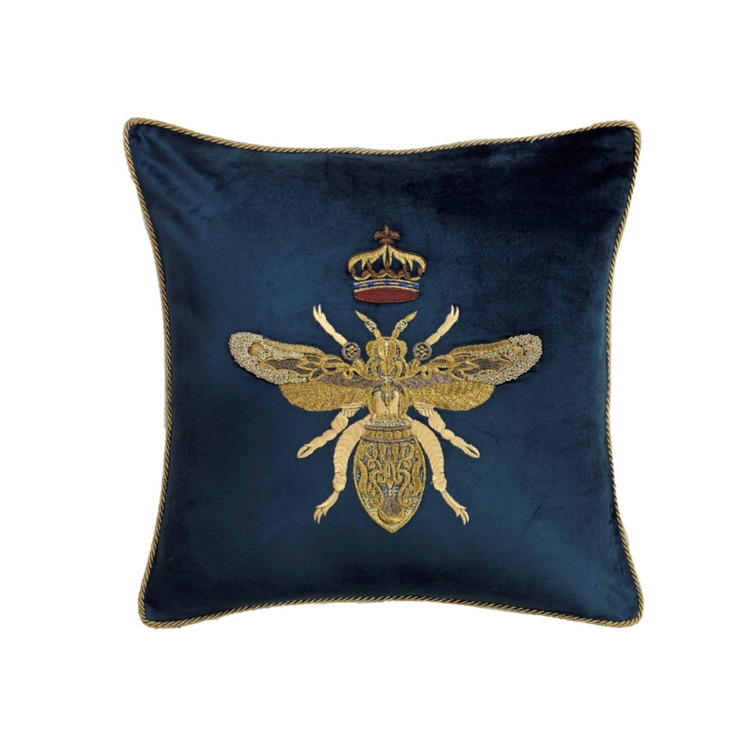 Sanctuary Cushion Cover - Hand Embroidered Navy Queen Bee image 0